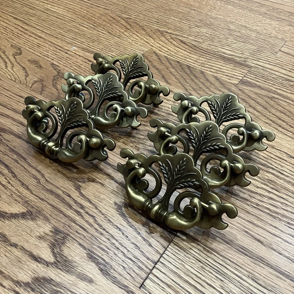 Set Of 6 Vintage Continental Brass Plated Drawer Pulls Wheat Pattern Salvaged